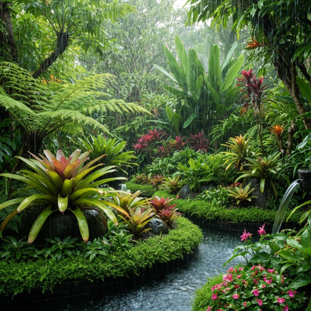 Tropical garden of luxury villa with lush greenery and natural water flow