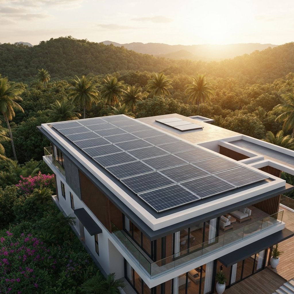 Luxury villa rooftop with premium solar panels in tropical Koh Samui setting